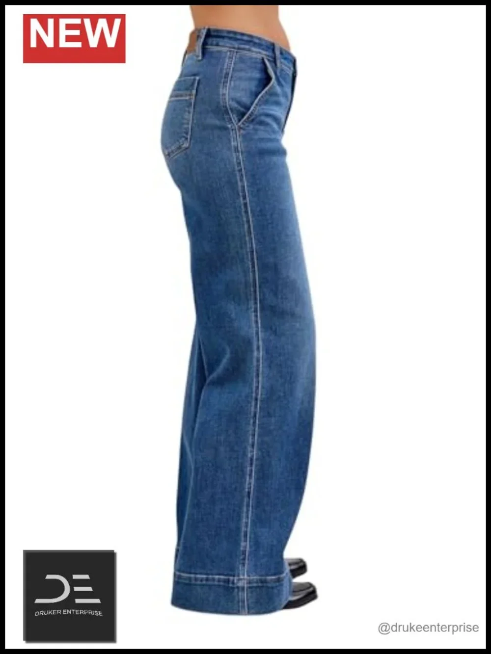 Mid Rise Trouser Style Wide Leg Jeans Stretch Denim 30 Inseam
